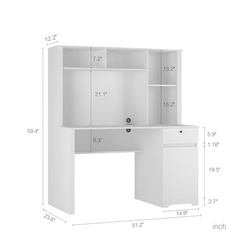 White Wood Computer Desk with Hutch, Bookshelf, Drawers, 3 AC Outlets and 2 USB Charging Ports Z2671