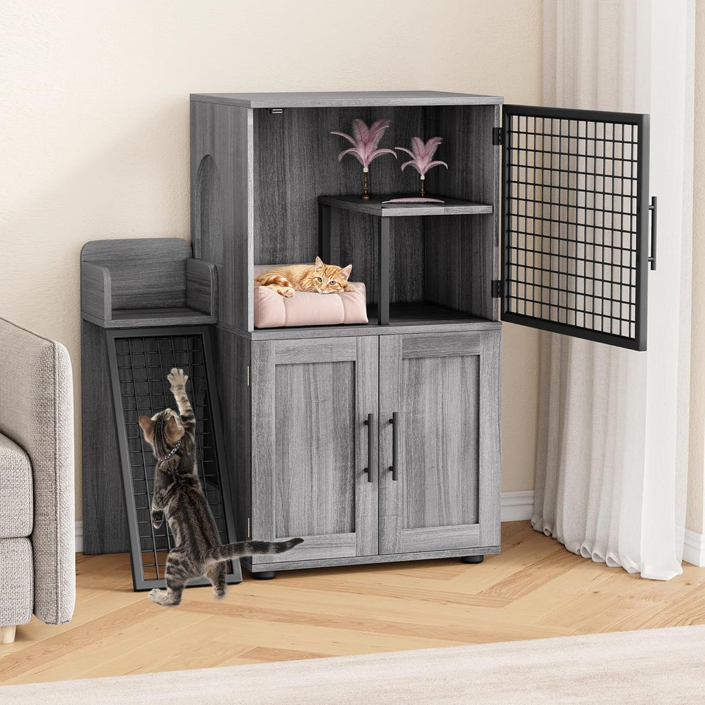 Cat Litter Box Enclosure with Platform, Double Layer Cat Litter Hidden Furniture, Large Cat Cabinet with Ladder, Wax Wood B6325