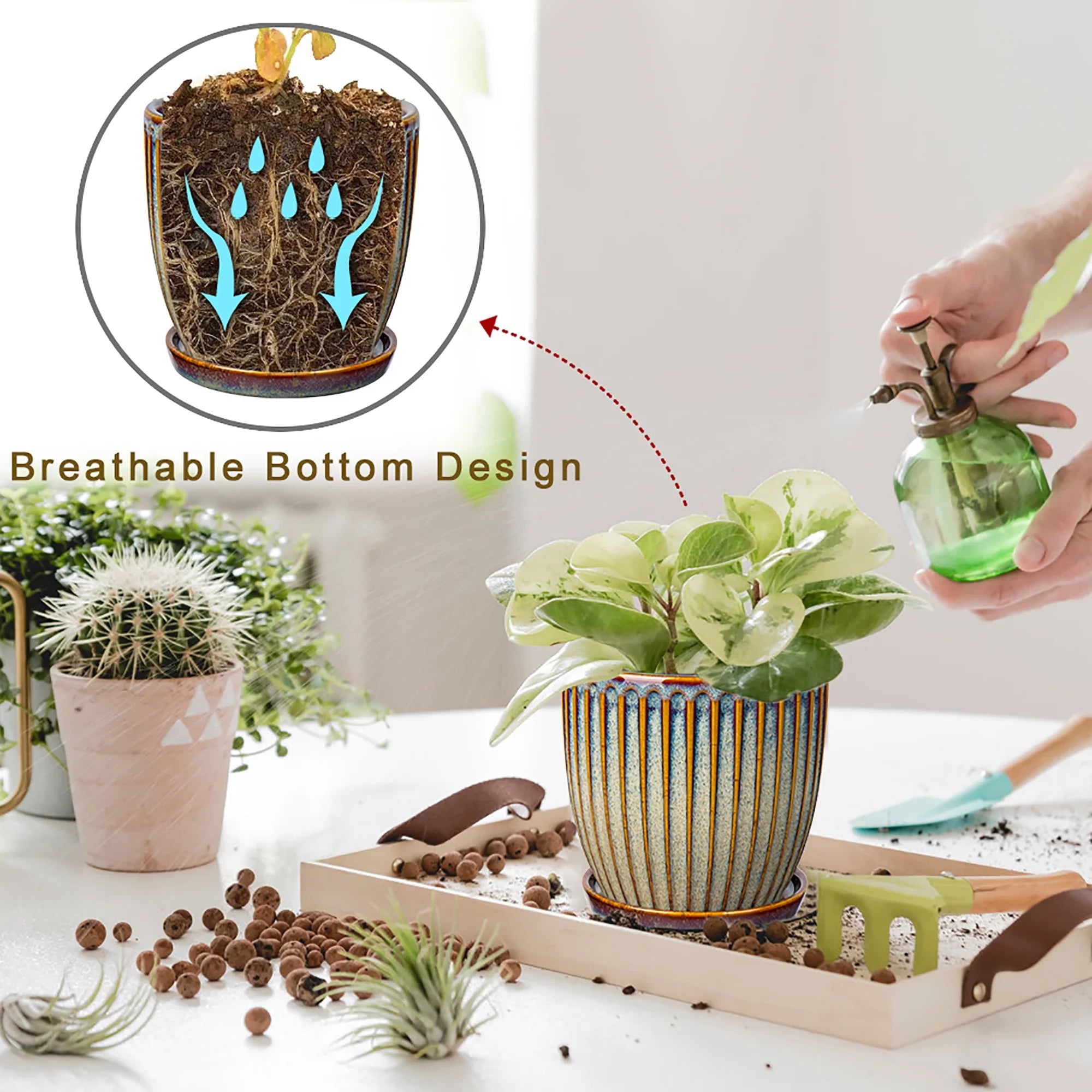 2 Pcs Ceramic Plant Pots with Saucer I229981