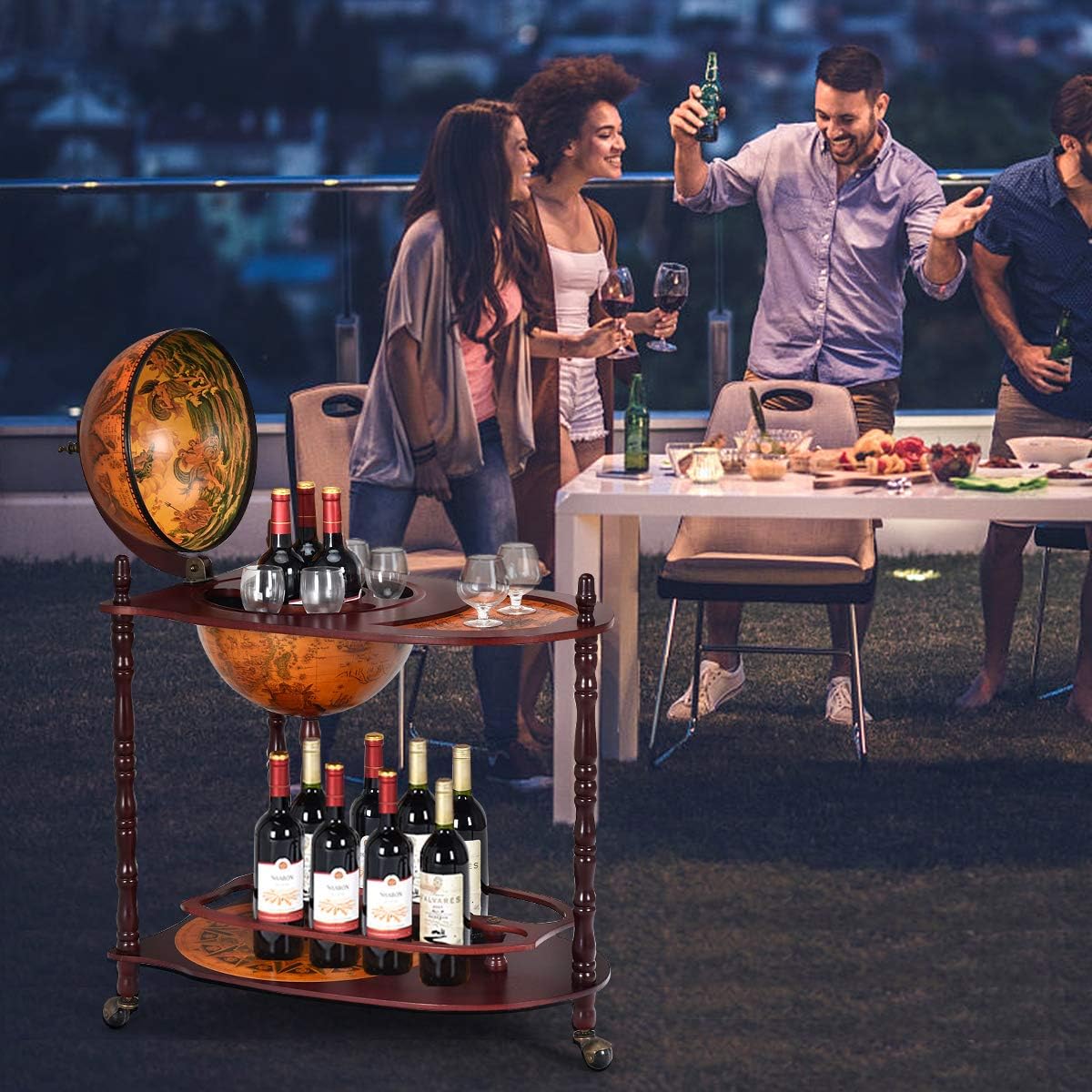 34.5’’ Wine Bar Cart with Wheels, 2 Storage Shelves, Wood Liquor Cabinet F98666