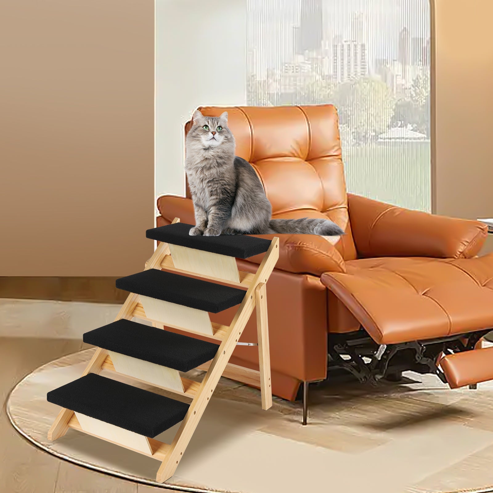 Pet Stairs Foldable Pine Wood Natural Black V68854