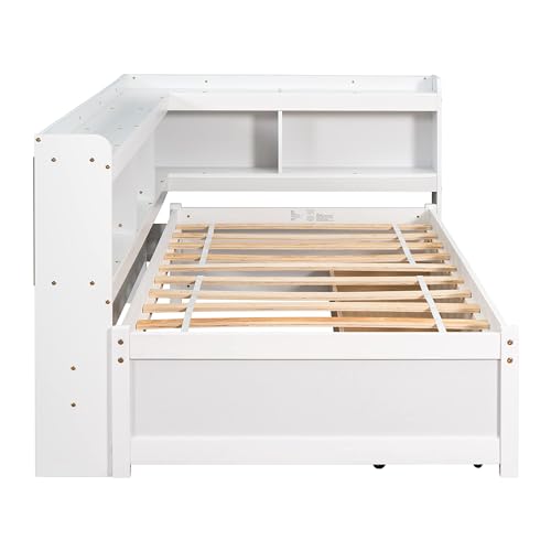 White Twin Size Wooden Bookcase Bed with Storage Drawers I7880
