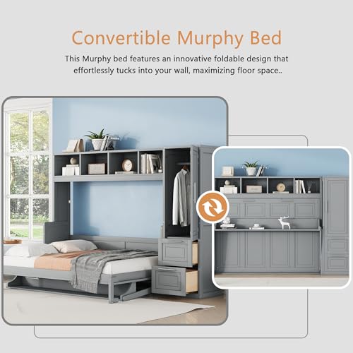 Gray Murphy Cabinet Storage Wall Bed with Closet and Drawers and Built-in Top Shelf R4609