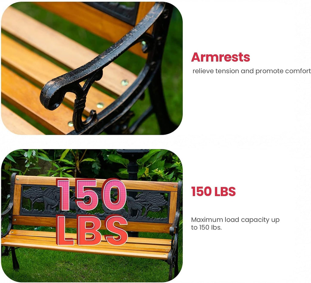 32" Wooden Garden Bench with Cast Iron Armrest O6669