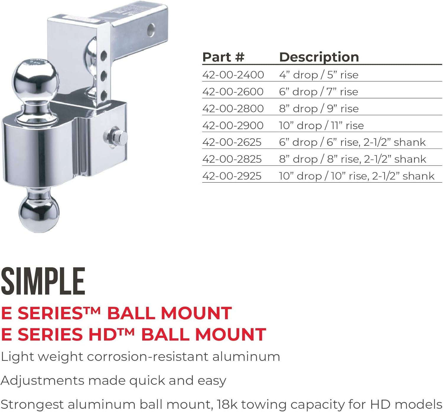 Adjustable Aluminum Ball Mount with 4 Inch Drop, 2 Inch Shank, and Chrome Plated Balls K2126