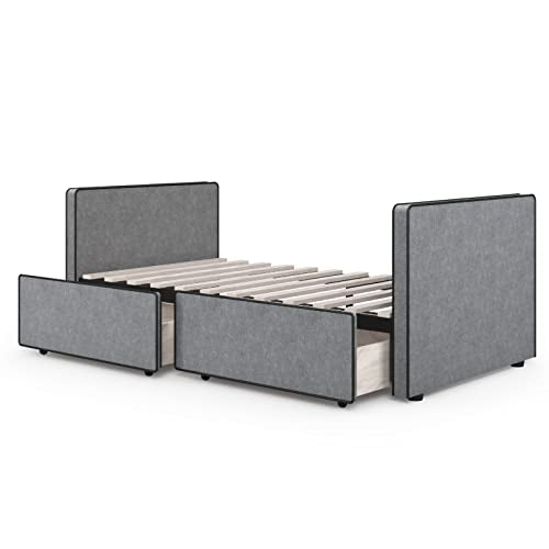Twin Size Platform Bed Frame with 2 Storage Drawers in Gray Fabric H368