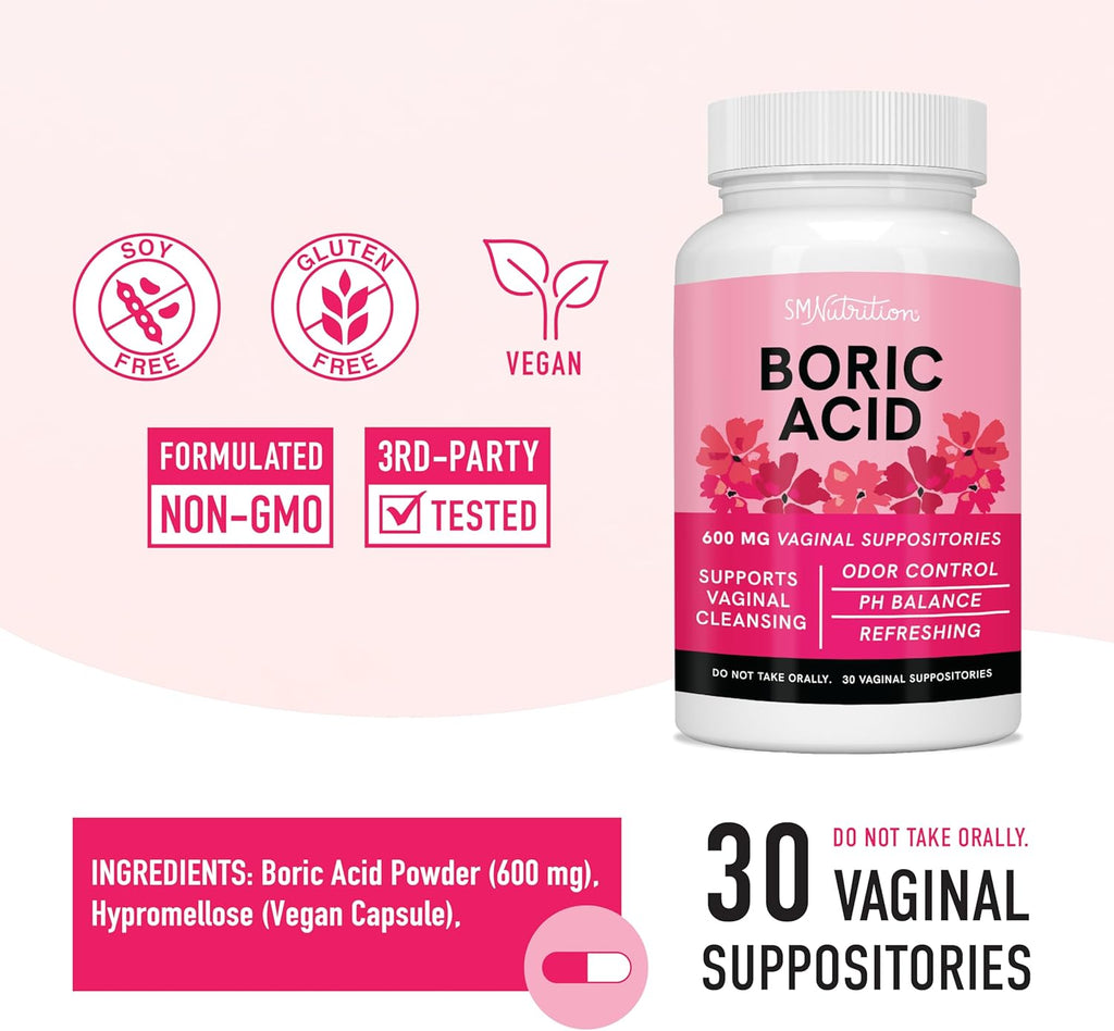 Boric Acid Suppositories 600mg Unscented 30 Count Z750