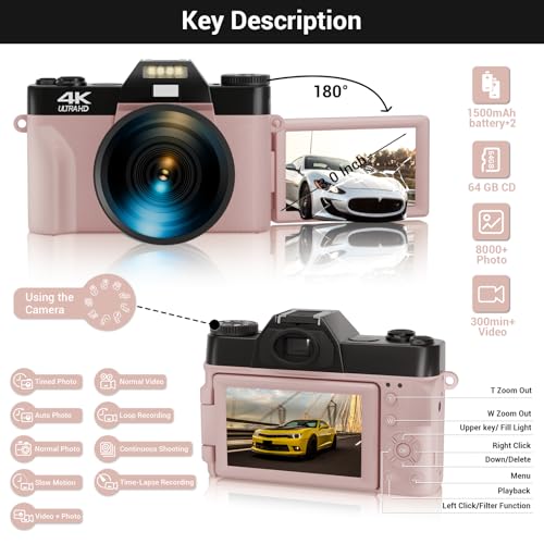 56MP 16X Digital Zoom WiFi 3'' 180° Flip Screen Compact Camera with 2 Batteries 64GB Micro SD Card (Black) A100753
