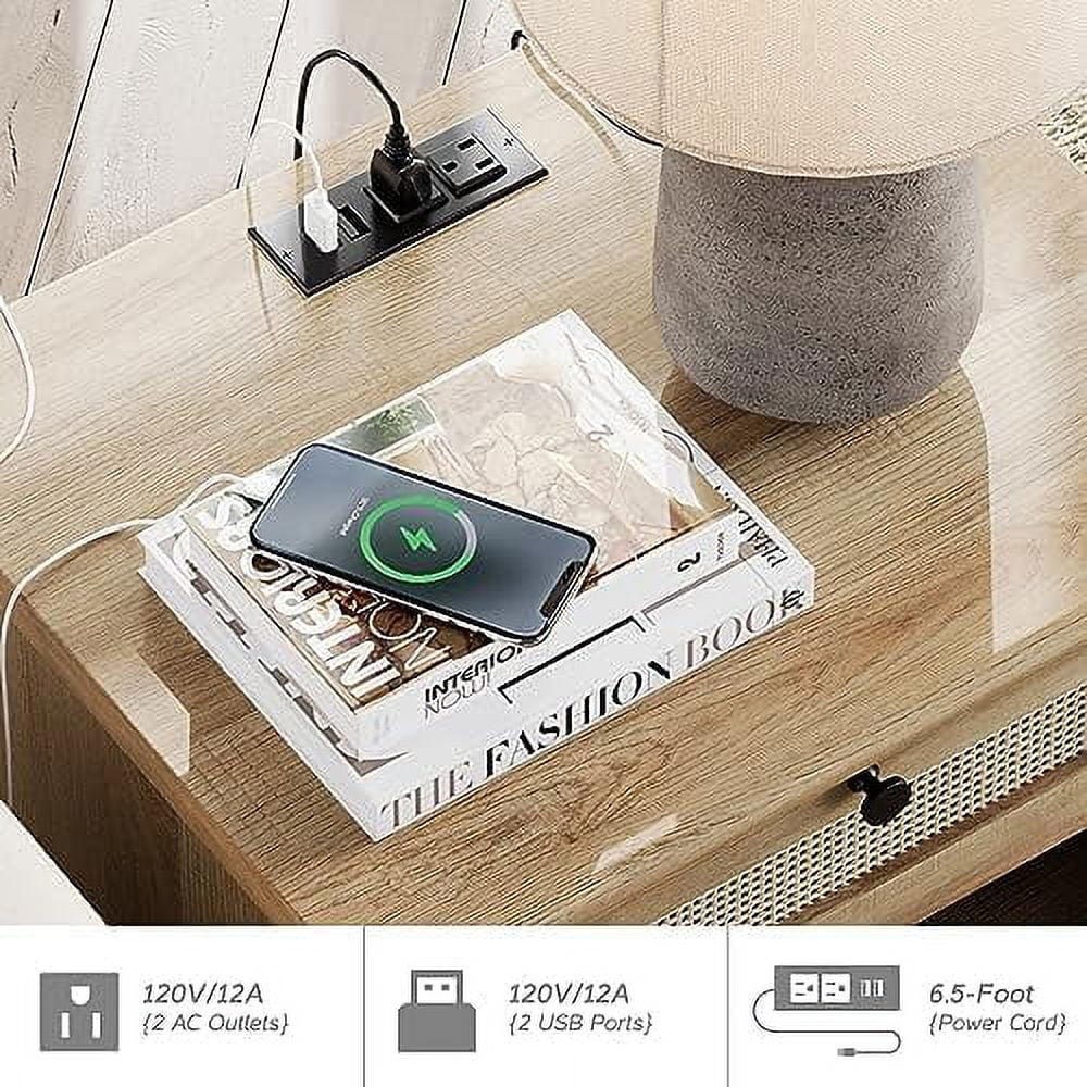 Natural Wood Rattan Nightstand with 2 Drawers R62860