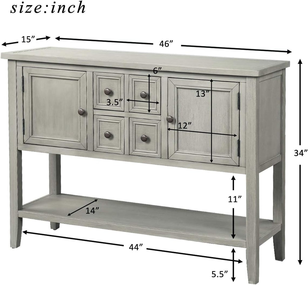 Antique Gray Solid Wood Console Table with 4 Drawers and Bottom Shelf E543