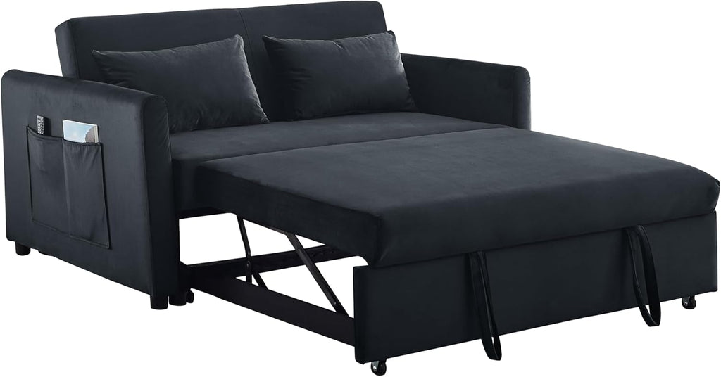 Black Velvet Convertible Sleeper Sofa with Pullout Bed J75296