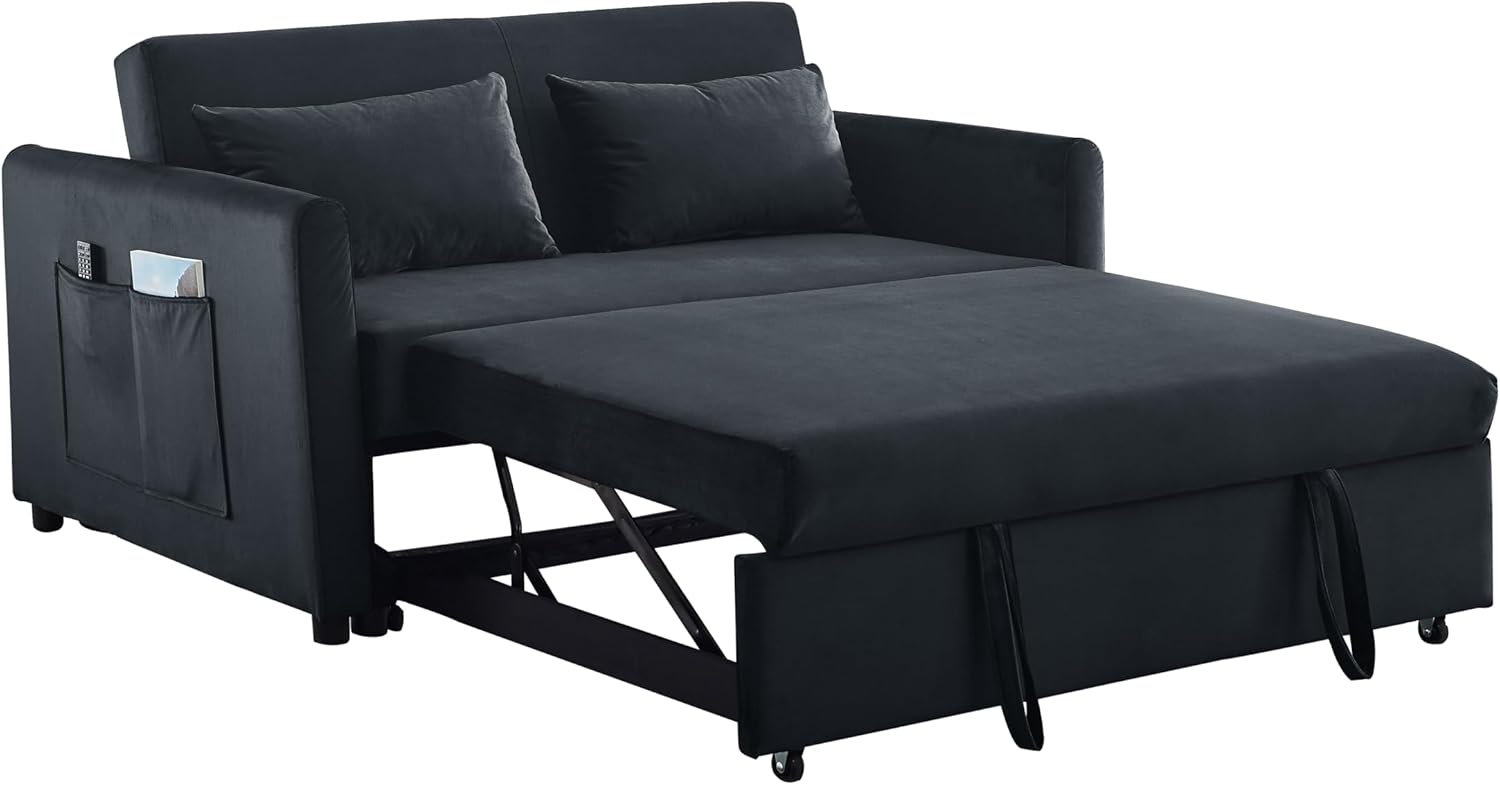Black Velvet Convertible Sleeper Sofa with Pullout Bed J75296