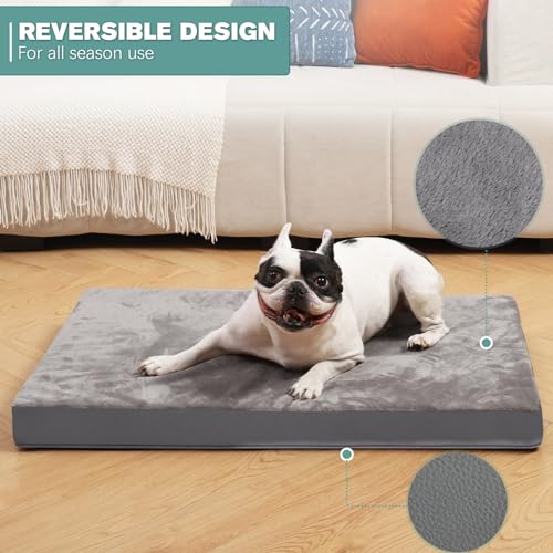 Waterproof Dog Bed Large Medium Sized Dogs Outdoor Orthopedic Crate Pad Washable Pet Beds Removable Cover Egg Crate Foam Support Durable Anti-Slip Kennel Pads 35"x22" Gray A20831