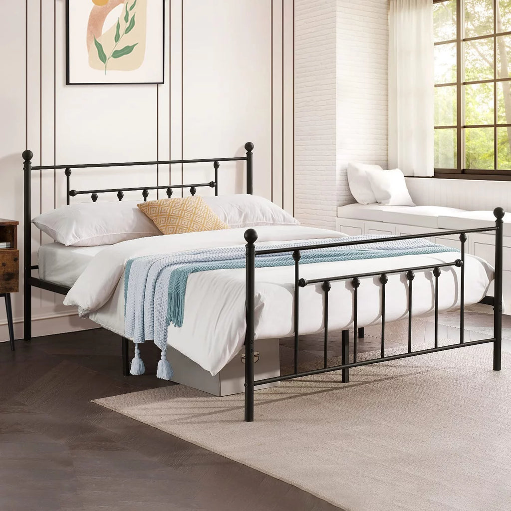 Black Queen Size Metal Bed Platform Frame with Headboard and Footboard C464564