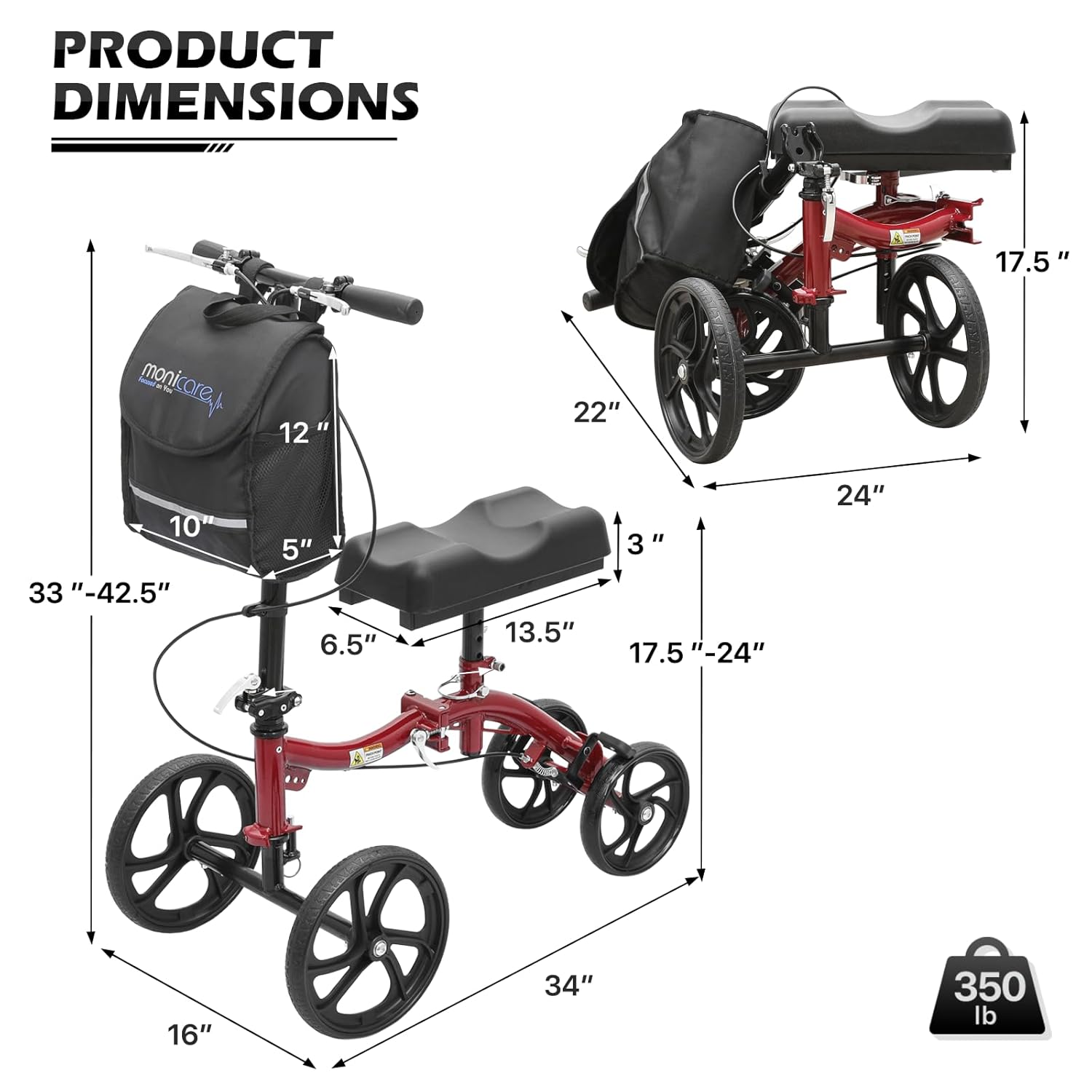 Compact All Terrain Knee Scooter with Dual Braking System, Red U513