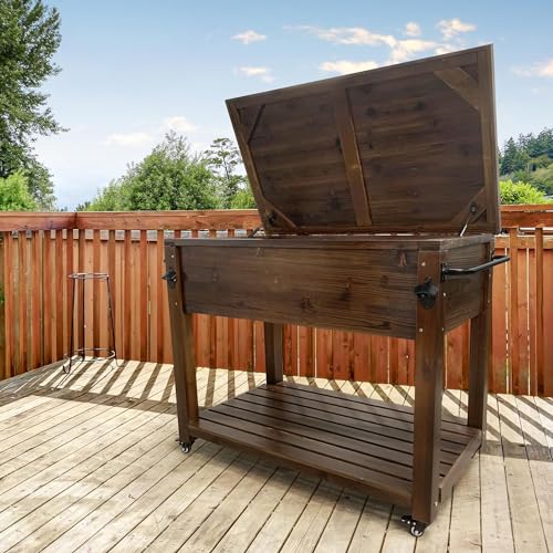100-Quart Wooden Patio Cooler with Wheels B728158