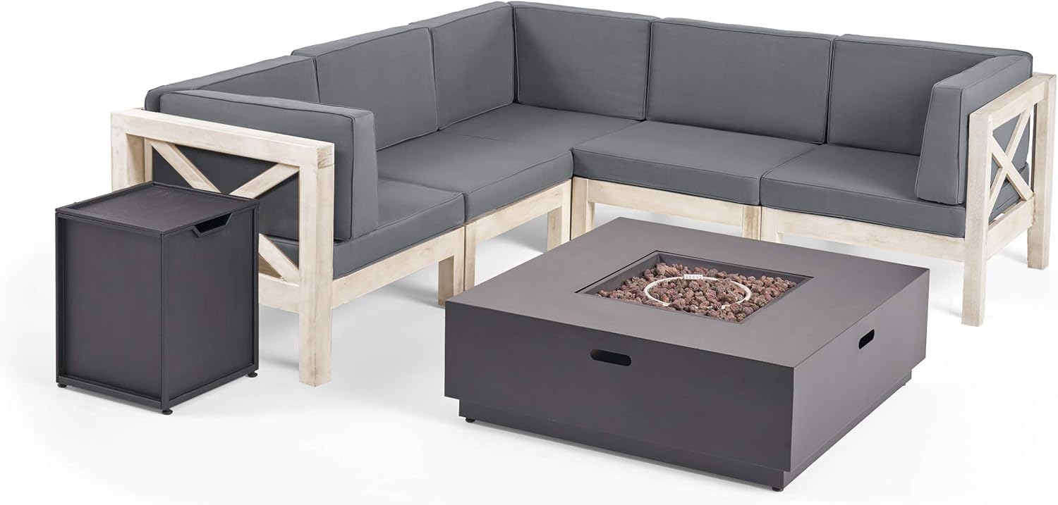 Weathered Gray and Dark Gray Acacia Wood 5 Seater Sectional Sofa Set with Fire Pit V882118