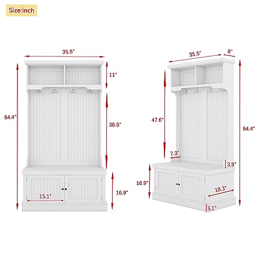 White Hall Tree with Storage Shoe Bench and 4 Hooks Y321784