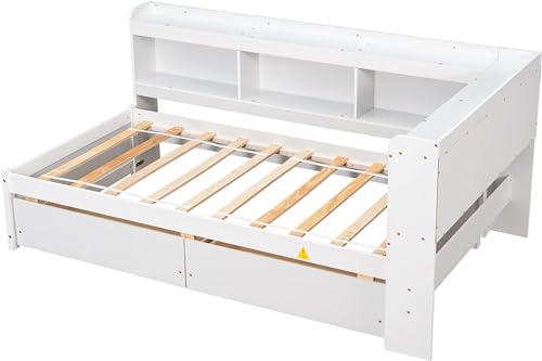 White Twin Size Wooden Bookcase Bed with Storage Drawers I7880