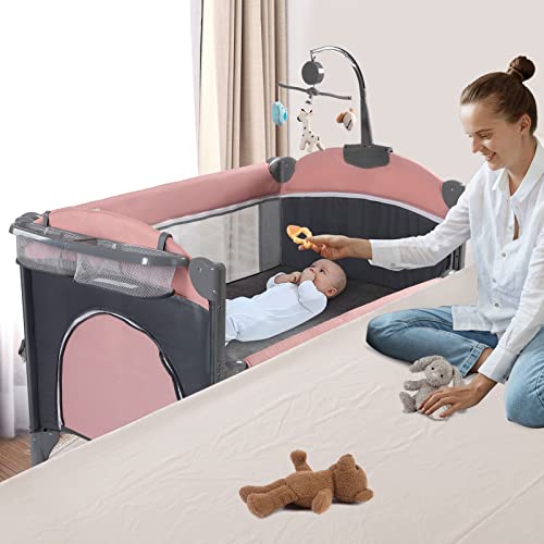 5 in 1 Baby Crib with Bassinet and Changing Table, Portable Travel Baby Playpen (Grey) X659