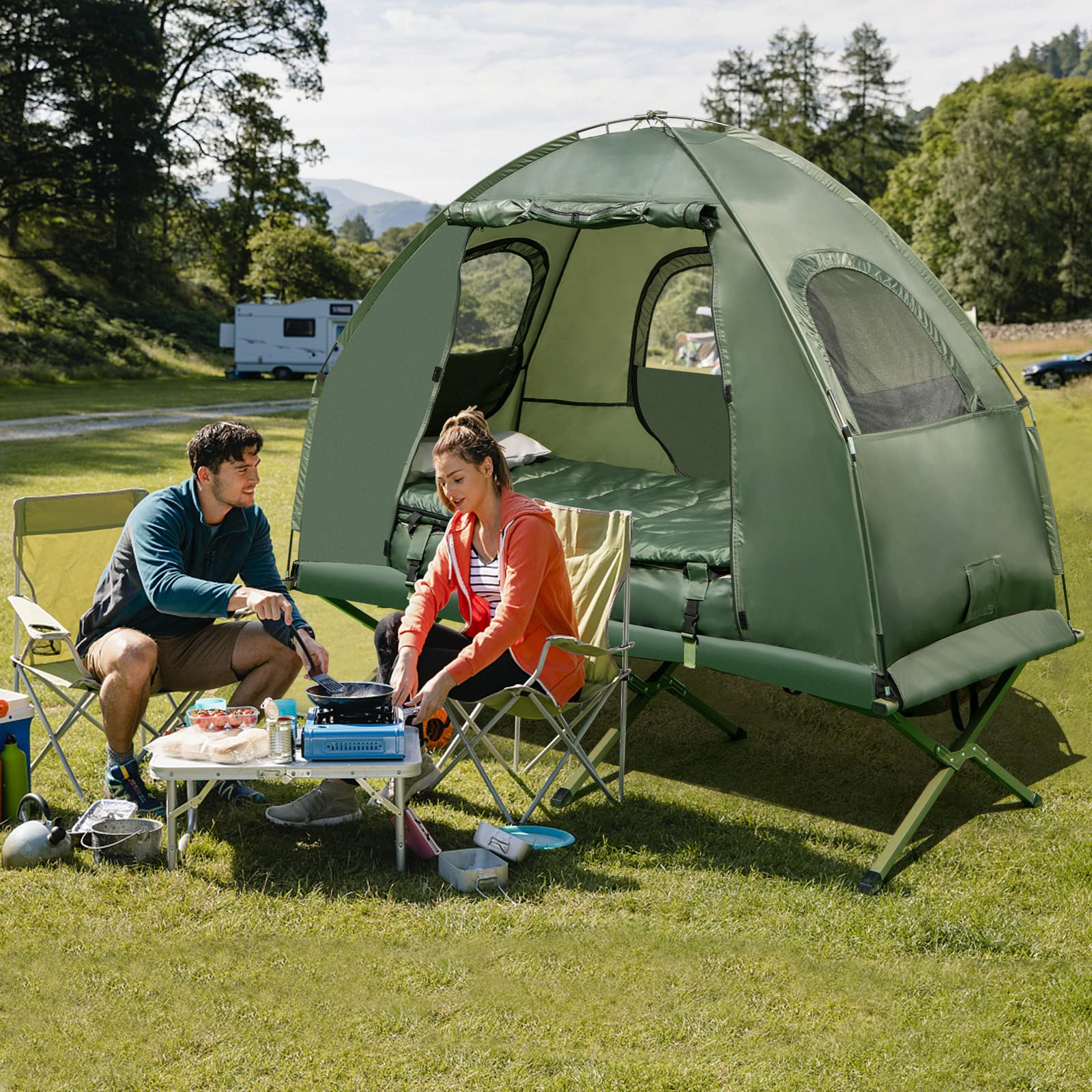 1-Person 5-in-1 Tent Cot with Air Mattress, Sleeping Bag, Carrying Bag W242