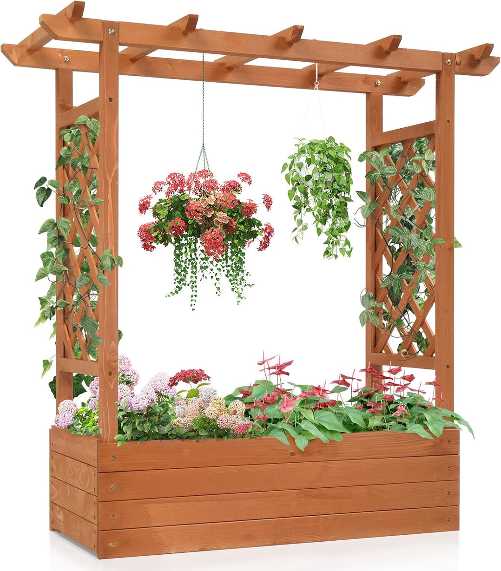 Raised Garden Bed with Trellis Wood Planter Box M2349