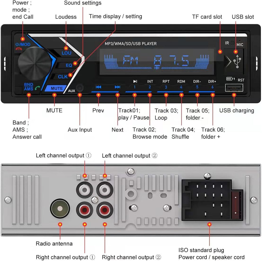 Single Din Bluetooth Car Stereo with USB SD Card AUX Remote Control K806
