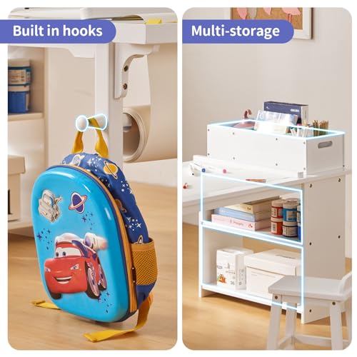 White Drawing and Art Table & Chair Set with Canvas Bins and Paper Roll Rack V2911