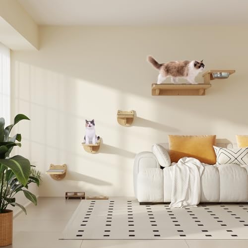 Cat Wall Shelves with 3 Steps and 2 Food Bowls D4614