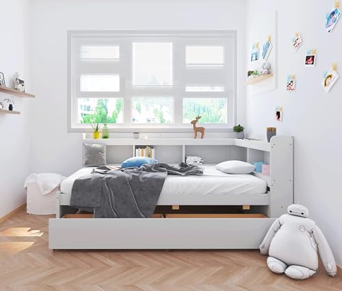 White Twin Size Wooden Bookcase Bed with Storage Drawers I7880
