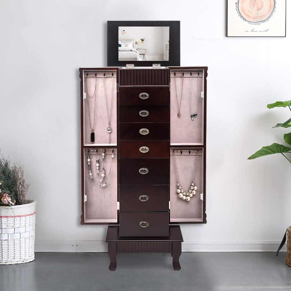 Brown 7 Drawer Jewelry Armoire Cabinet with 2 Doors D4717