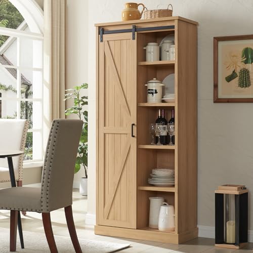 White Tall Wood Kitchen Pantry with Sliding Barn Door C96939