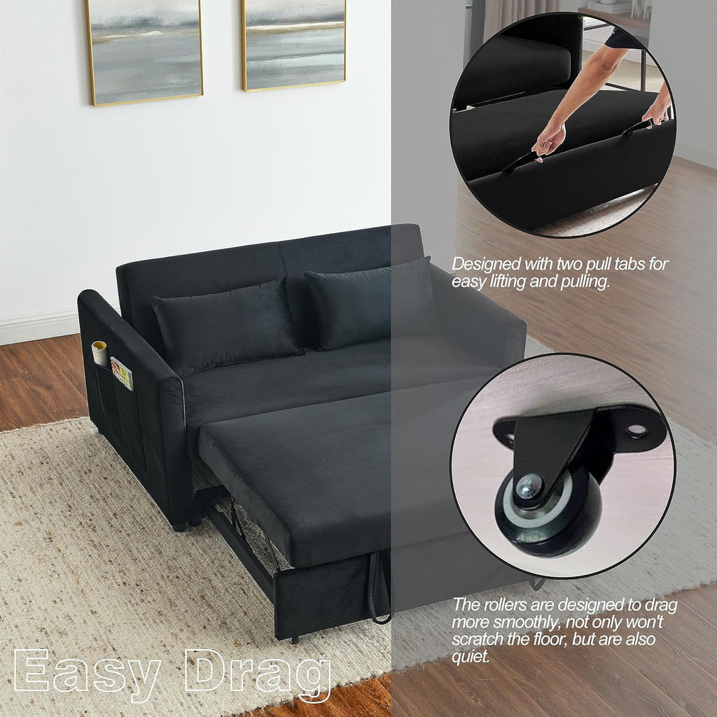 Black Velvet Convertible Sleeper Sofa with Pullout Bed J75296