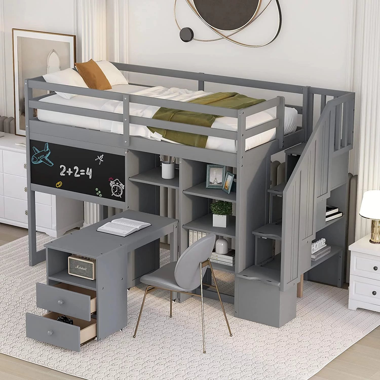 Grey Twin Size Wood Loft Bed with Desk and Storage L789126