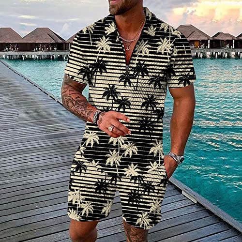 Mens Printed Short Sleeve 2 Piece Outfits Sets T4512