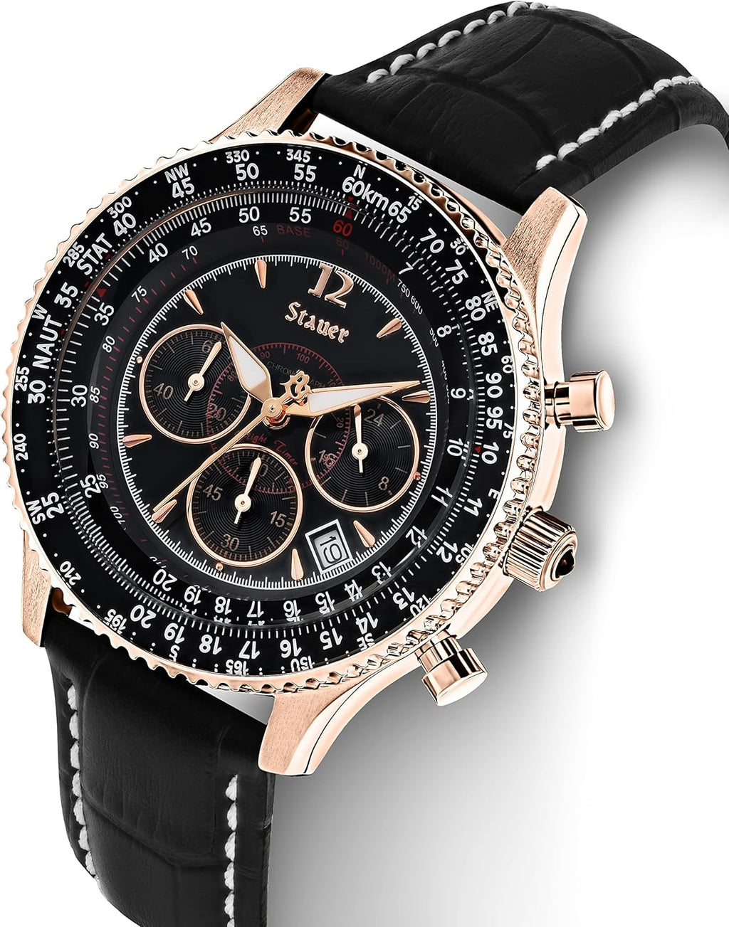 Vintage Style Chronograph Watch with Genuine Crocodile-Embossed Black Leather Band and Rose Gold Stainless Case F711