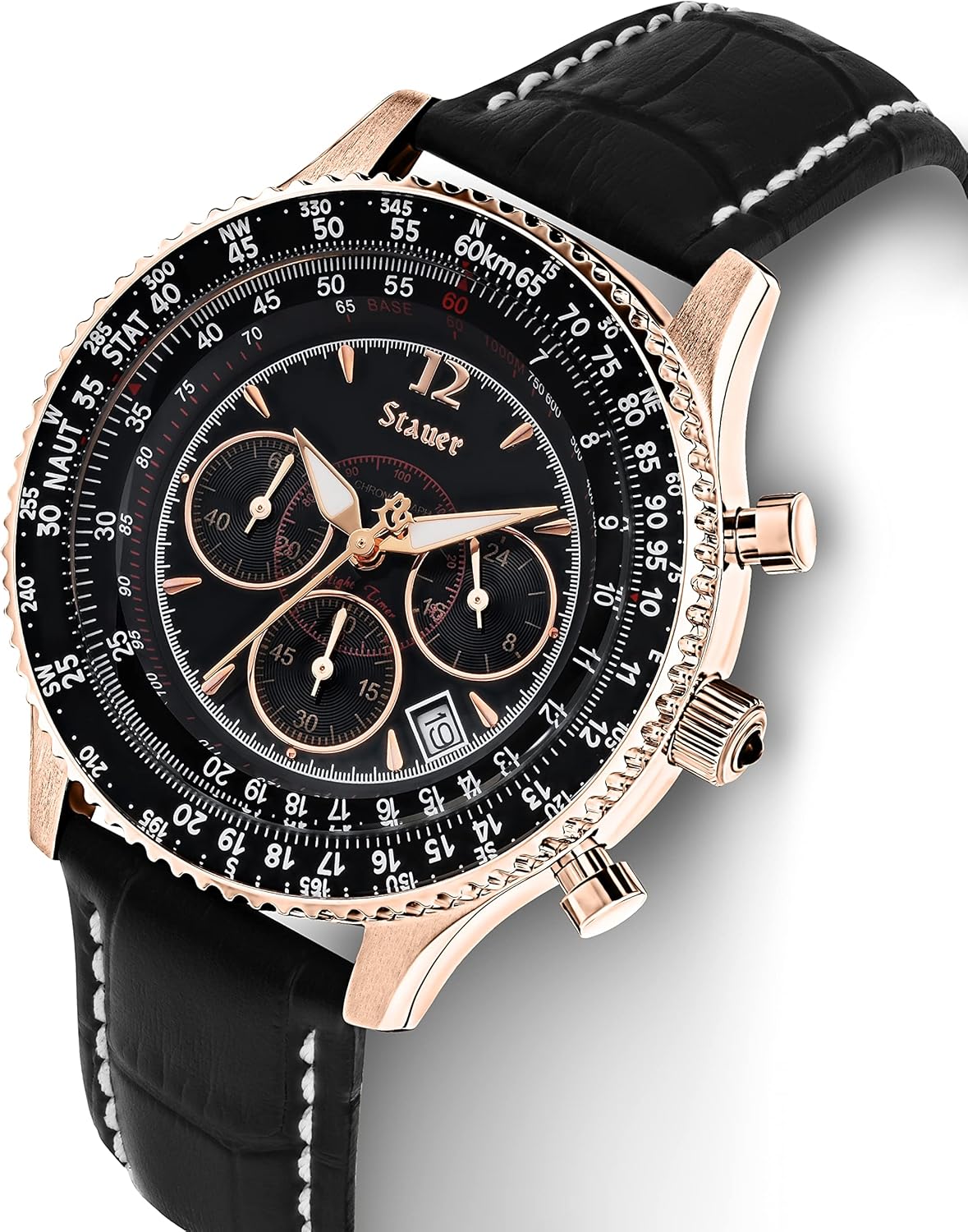 Vintage Style Chronograph Watch with Genuine Crocodile-Embossed Black Leather Band and Rose Gold Stainless Case F711