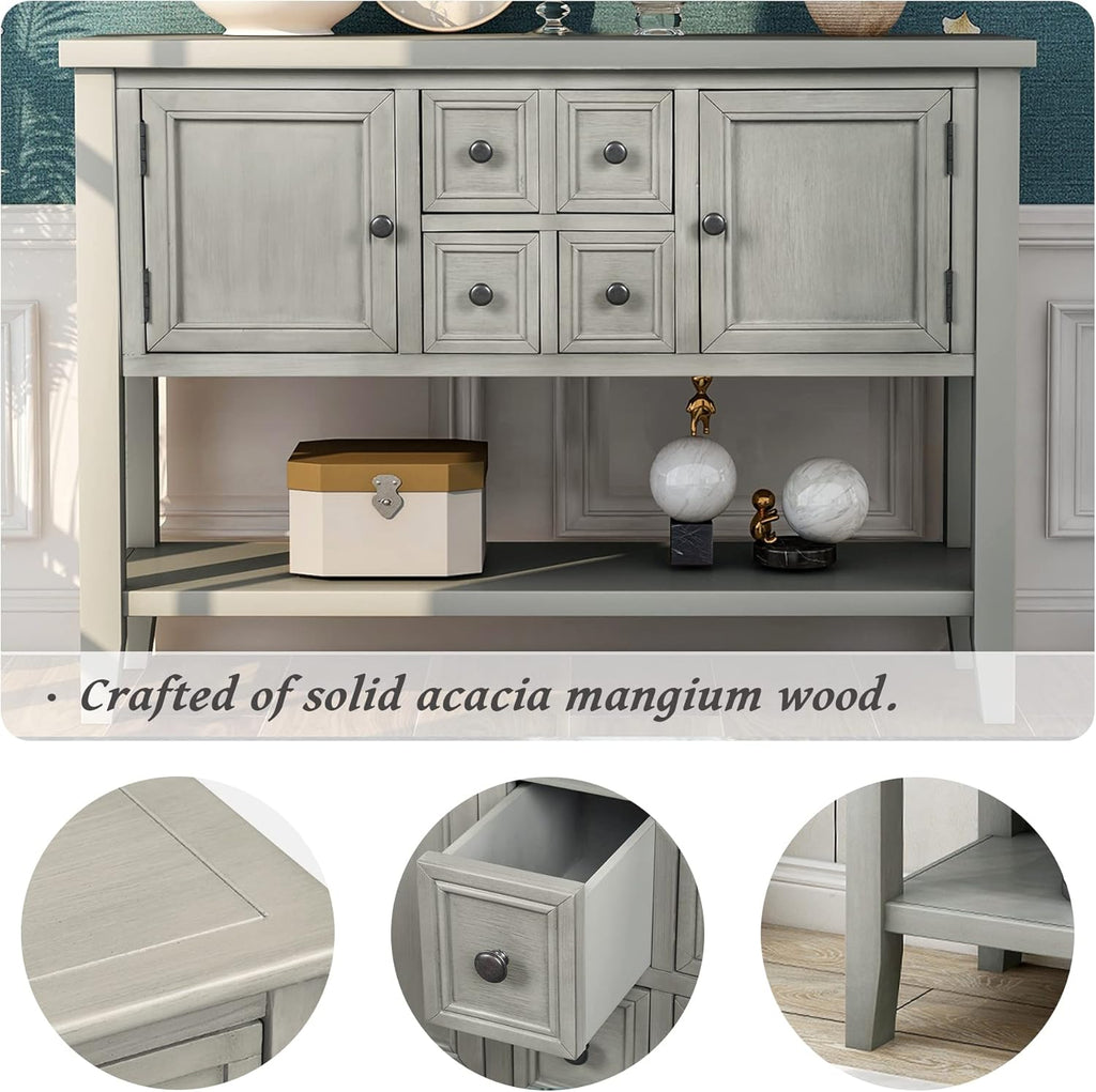 Antique Gray Solid Wood Console Table with 4 Drawers and Bottom Shelf E543