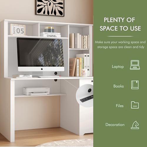 White Wood Computer Desk with Hutch, Bookshelf, Drawers, 3 AC Outlets and 2 USB Charging Ports Z2671