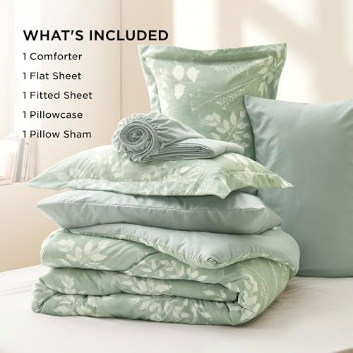 Twin 5 Pieces Blue Floral Bedding Set with Comforter, Sheets, Pillowcase & Sham L8679
