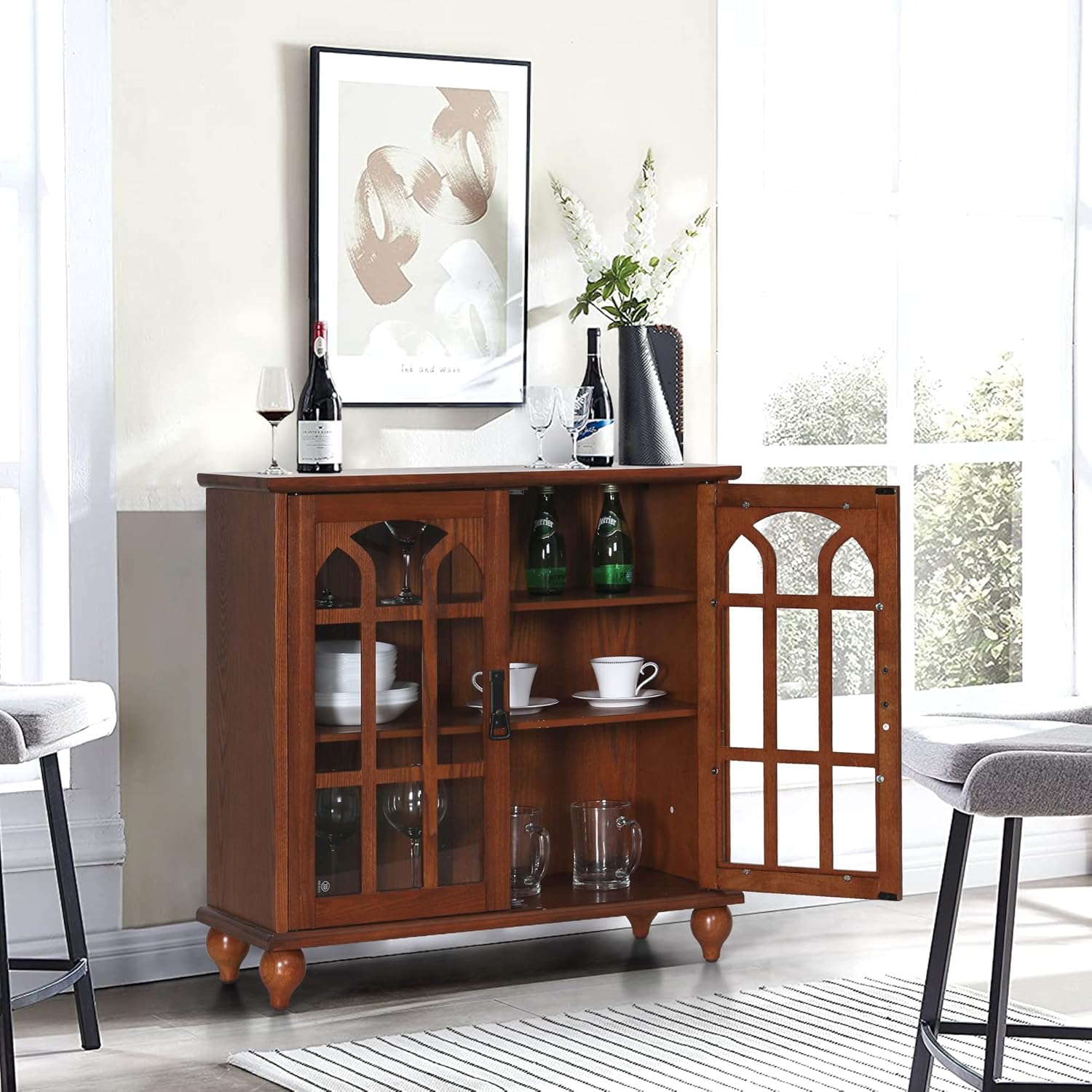 Wood Sideboard Cabinet with Glass Double Doors and Adjustable Shelves N674