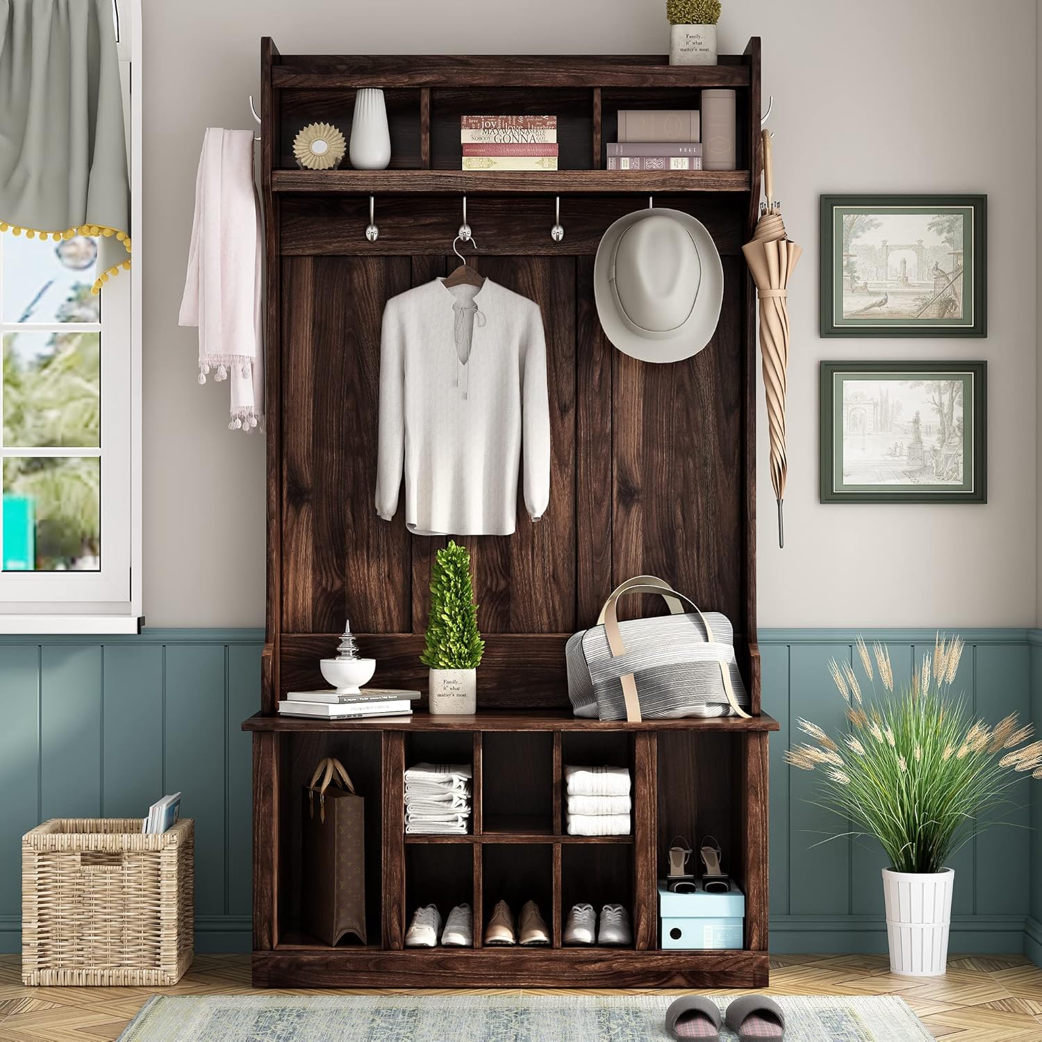 39.4INCH Hall Tree with 6 Hooks Bench Q108