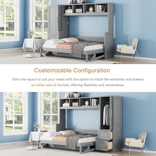 Gray Murphy Cabinet Storage Wall Bed with Closet and Drawers and Built-in Top Shelf R4609