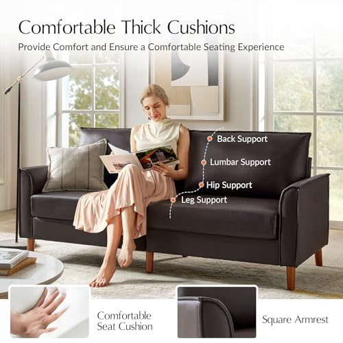 Brown Faux Leather 3-Seater Sofa with Solid Wood Legs I1454