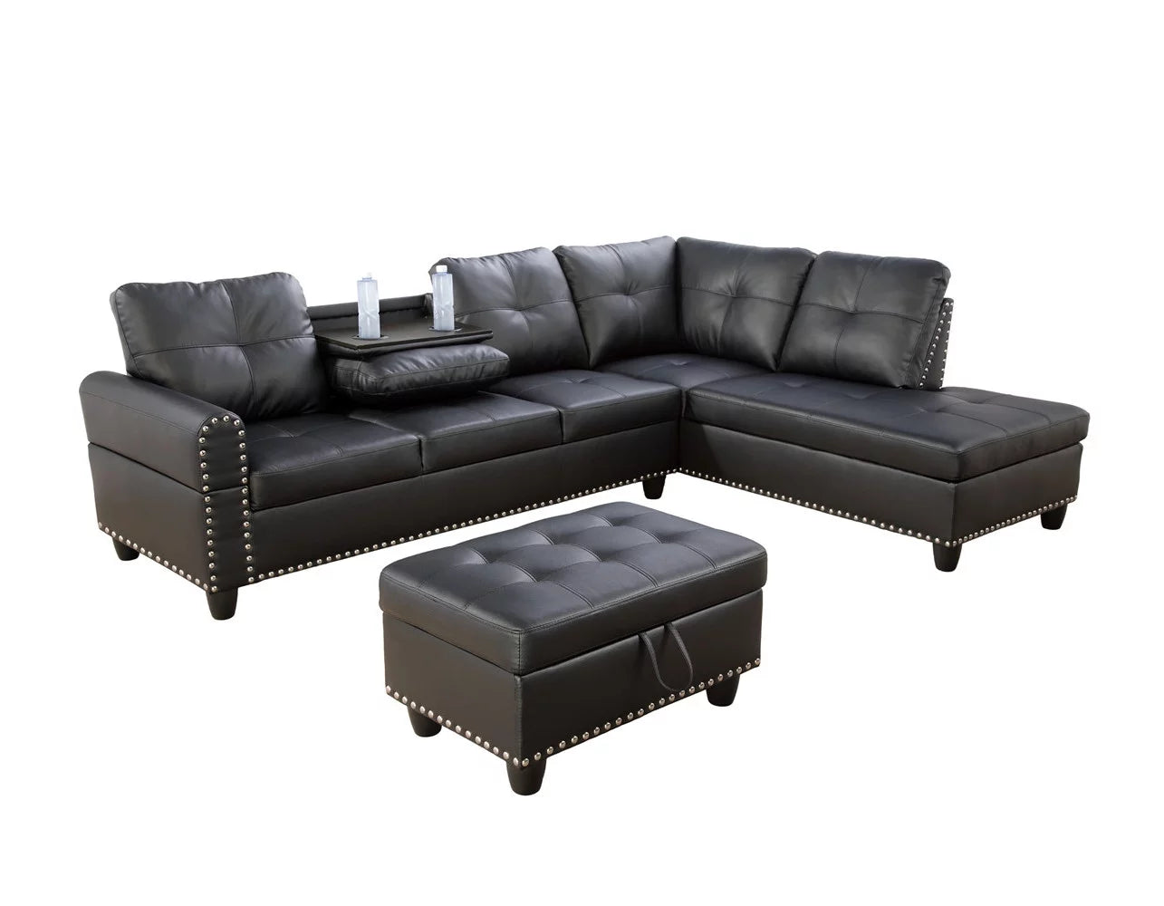 Black Leather Sectional Sofa with Storage Ottoman and Matching Pillows V1825