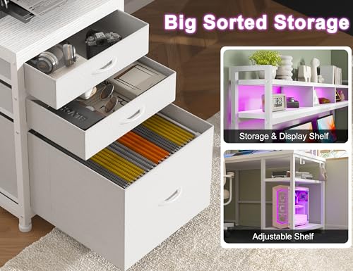 White 64" L Shaped Gaming Desk with Hutch, Drawers, Storage Shelves, Monitor Stand and LED Light G531568