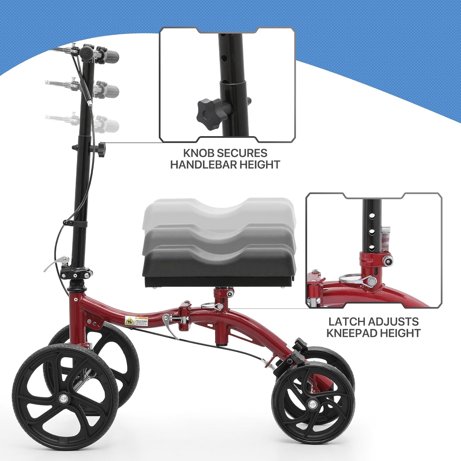 Compact All Terrain Knee Scooter with Dual Braking System, Red U513