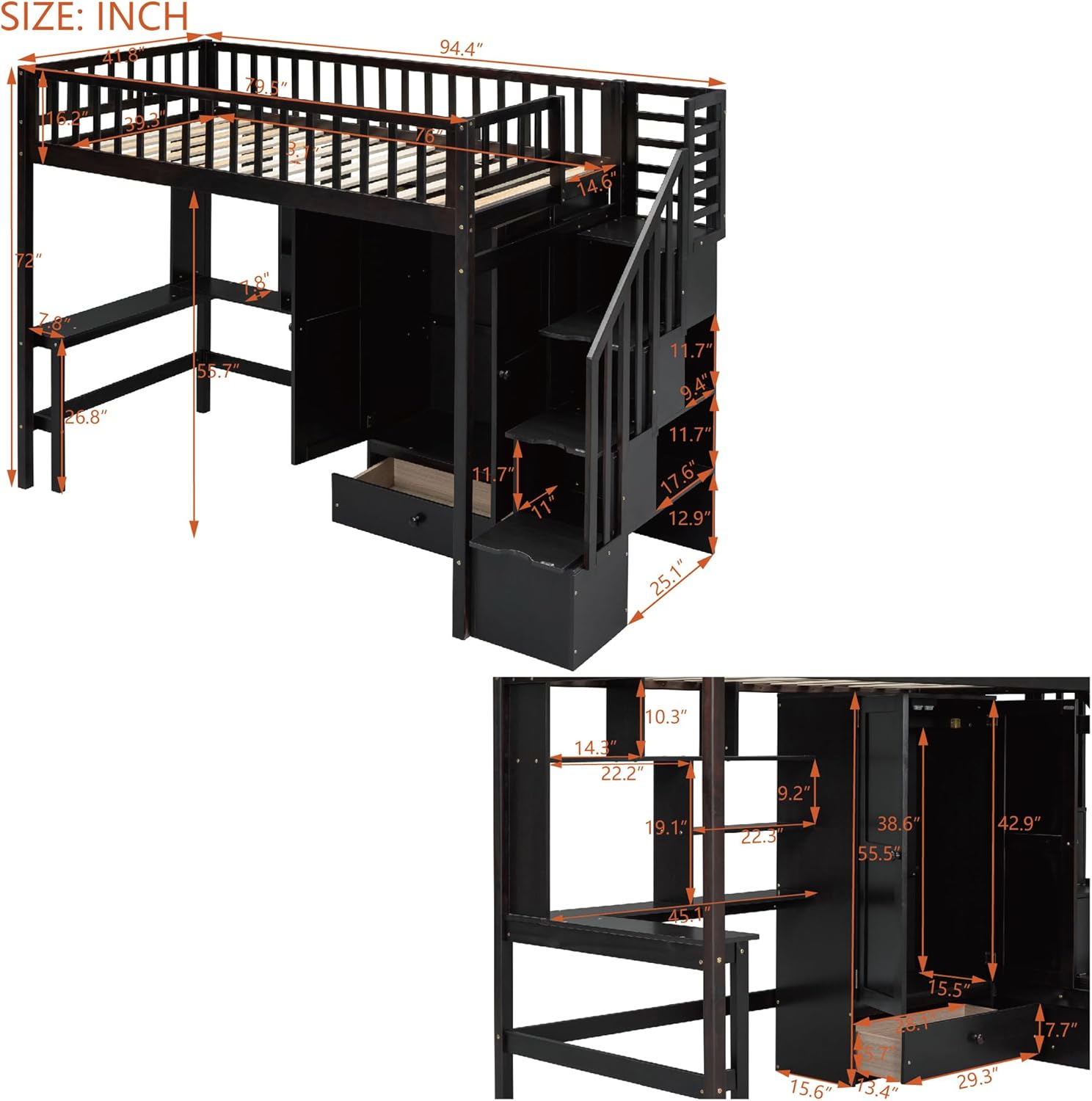 Twin Size Solid Wood Loft Bed with Stairs, Desk, Bookshelf, Drawers and Wardrobe G609