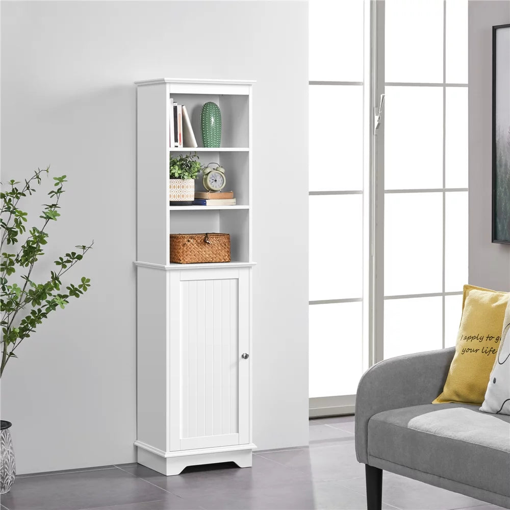 White Tall Wooden Bathroom Floor Cabinet with Single Door and Shelves D770