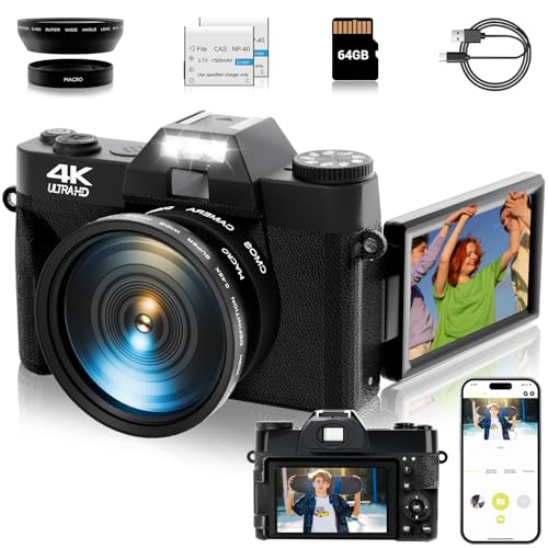 56MP 16X Digital Zoom WiFi 3'' 180° Flip Screen Compact Camera with 2 Batteries 64GB Micro SD Card (Black) A100753